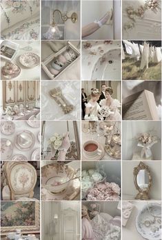 a collage of photos with white and pink flowers on them, including antique china