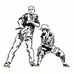 black and white drawing of two men playing baseball