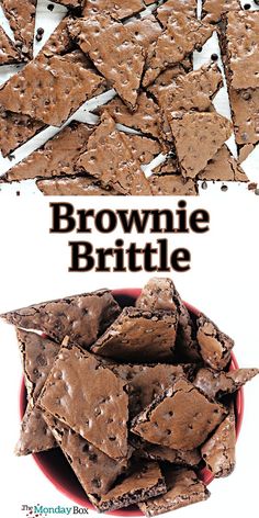 chocolate brownie brittle in a red bowl with white paper on the side and text overlay