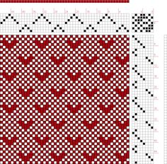 a red and white cross stitch pattern with black dots on the bottom, and an area for