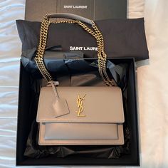 Brand New Ysl Sunset Bag, Never Worn, Dust Bag, And Box Included Ysl Box Bag, Cream Designer Bag, Ysl Sunset Bag, Bags Ysl, Biker Couple, Goals Aesthetic, Beautiful Wardrobe, Ysl Bags, Luxury Bags Collection