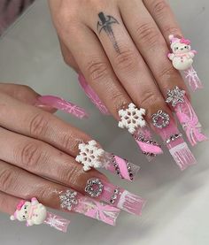 Winter Themed Nails, Nail Piercing, Themed Nails, Nail Tutorial Videos, Kitty Nails, Acrylic Nail Set, Cute Acrylic Nail Designs, Dope Nail Designs, Hello Kitty Nails