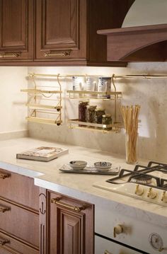 the kitchen counter is clean and ready to be used as a cook's space