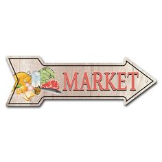 a wooden sign that says market with an arrow pointing to the left and vegetables on it