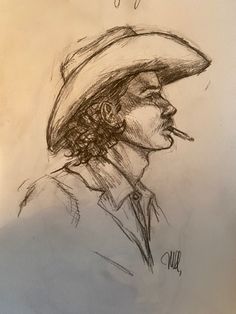 Cowboy Pencil Sketch my Margaret Asjes Fun Simple Sketches, Sketching Of Nature, Western Sketches Pencil, Sketches And Drawings, Simple Country Drawings, Country Boy Drawing, Cowboy Side Profile, Old Western Drawings, Cool Sketch Ideas Vintage