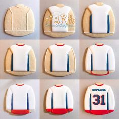 nine cookies decorated to look like sports jerseys and numbers are arranged in the shape of sweaters