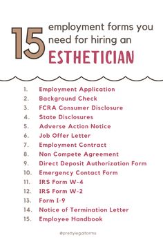 the 15 employment forms you need for hiring an esthetian info sheet is shown here