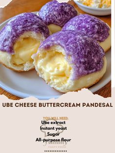 a plate with some food on it and the words, ube cheese buttercream pancakes