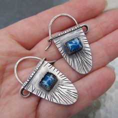 Silver Shield Earrings Blue Gem Dangles Rustic Stamped | Etsy Earrings Funky, Stamped Earrings, Ethnic Earrings, Fun Jewelry, Blue Gems, Hanging Earrings, Dangling Earrings, Earrings Blue, Wire Earrings