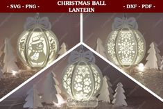 christmas ball lantern with snowflakes and trees cut out of paper, shown in three different sizes