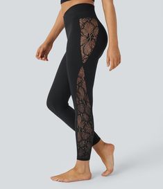 Softlyzero™ High Waisted Crossover Contrast Lace Yoga 7/8 Leggings-UPF50+ Painted Denim, Performance Leggings, Bleach Wash, High Rise Leggings, Yoga Leggings, High Waisted Leggings, Casual Jeans, Active Wear For Women, Christmas List