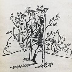 a drawing of a man standing next to a tree