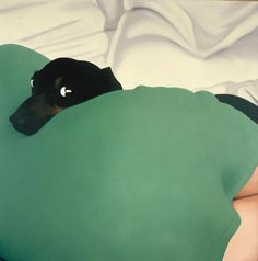 a woman laying on top of a bed next to a black dog