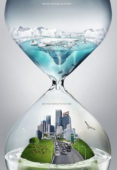 an hourglass filled with water and ice in front of a cityscape that has been cut into smaller pieces