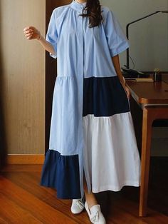 Blue Patchwork Maxi Dress With Short Sleeves, A Line Long Dress, Mode Kimono, Cozy Dress, Mode Abaya, 가을 패션, Picture Size, Sleeves Pattern, Long Maxi Dress