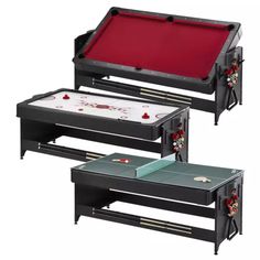 two tables with red and black cloths on them, one has a pool table in the middle