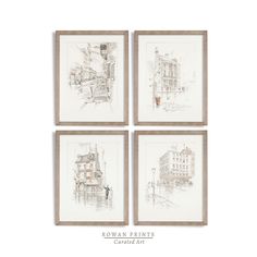 four framed drawings of buildings on a white background