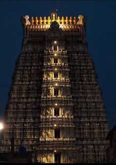 the top of an ornate building lit up at night