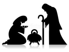 a black and white silhouette of a woman kneeling down next to a baby jesus