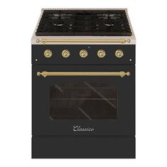 a black stove with gold trim and two burners on the front, against a white background