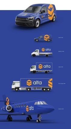 an airplane, truck and van are shown in this graphic