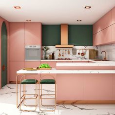 a modern kitchen with pink cabinets and marble countertops - rendering image stock photo edit now