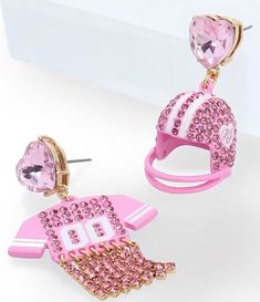 Betsey Johnson Rhinestone Football Jersey & Helmet Mismatch Drop Earrings | Dillard's Party Jewelry With Jeweled Enamel, Pink Enamel Earrings For Party, Pink Enamel Jewelry For Party, Pink Enamel Party Jewelry, Betsy Johnson Aesthetic, Collab Ideas, Interesting Earrings, Rhinestone Football, Football Jewelry