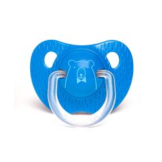 a blue pacifier with a bear on it