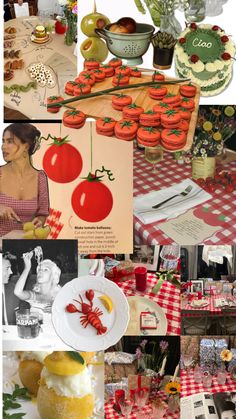 a collage of photos with tomatoes, lemons and other foods on it's table