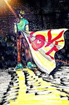 a drawing of a man holding a large flag in the rain with words written all over it