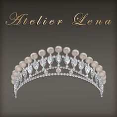 a tiara with pearls and diamonds on the side, in gold text reads feliver lena