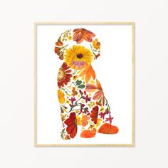 a dog with sunflowers and leaves on it's face is shown in the frame