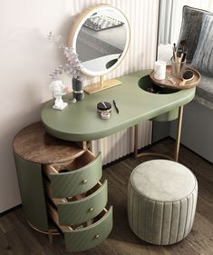 a dressing table with two stools and a round mirror