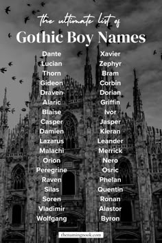 the ultimate list of gothic boy names on a black and white background with bats flying overhead