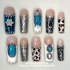 Bring out your inner Cowgirl with this beautiful set! Western theme with chrome bull heads, turquoise jewelry and cowprint!  Inspired by western belt buckle and leather designs.    These are  Hand painted soft gel press on nails. Each kit comes complete with 10 nails, buffer, file, alcohol wipe, wooden cuticle pusher, nail glue and sticky tabs.  Custom colors can be requested but are made to order and may have a longer processing time. *all press ons come pre-etched on the inside of the tip for better adhesion to your natural nails* variations may occur depending on length and/or shape. No two sets are completely alike. Nails can be reused if they are removed with care . All sets are limited edition while supplies last. Horseshoe Nails Design, Nail Art Designs Western, Cow Skull Nails, Western Nails Turquoise, Western Nail Art Turquoise, Yallternative Nails, Southwestern Nails, Country Themed Nails, Western Almond Nails