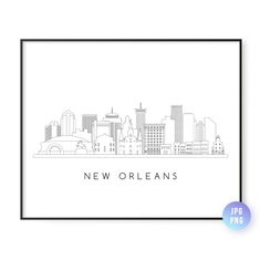 the new orleans skyline in black and white, with text that says new orleans on it