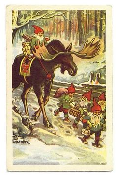 an old fashioned christmas card with gnomes riding on the back of a horse in the snow