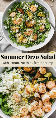 shrimp salad with lemon, zucchini feta and shrimp in a white bowl