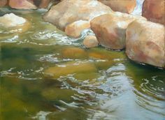 an oil painting of rocks and water in a stream with green algae growing on the ground