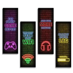 three neon signs that say, eat sleep game repeat and hear to the wifi