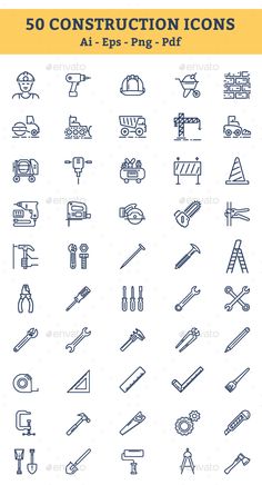 the 50 construction icons are shown in blue and white, with different tools on them