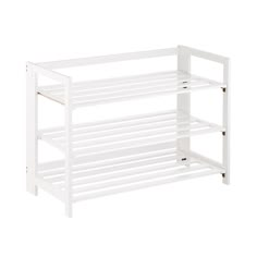 a white shoe rack with two shelves on each side and one shelf below the top