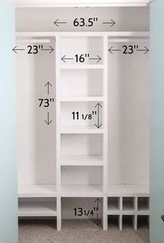 the measurements for a closet with shelves and shelving unit in white, including height