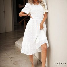 Lasaky - Solid Color Short Sleeve Wrap Dress Dress Collar, Maxi Dresses Fall, Basic Skirt, Long Bodycon Dress, Linen Maxi Dress, Bodycon Dress Parties, Midi Dress Casual, Midi Short Sleeve Dress, Crewneck Dress