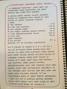 a recipe book with instructions for christmas morning wife saver written in red on it