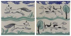 two tiles with horses and dogs on them in the same pattern, one is blue and white