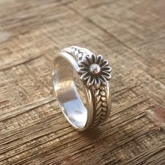 Silver Band Ring Women, Bohemian Flower Rings For Anniversary, Adjustable Sunflower Design Flower Ring, Bohemian Adjustable Flower Ring For Anniversary, Nature-inspired Adjustable Flower Ring For Anniversary, Flower Shaped Stackable Promise Rings, Bohemian Flower Ring For Promise, Stackable Flower Promise Rings, Bohemian Flower Promise Ring