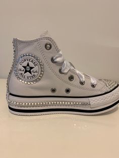 Kids converse high tops adorned with silver Swarovski Crystals, can be customized by color names numbers Silver High-top Sneakers With Rhinestones, Silver High-top Sneakers With Bling, White High-top Custom Sneakers With Rhinestones, Converse Prom, 2000s Girls, Converse Style Women, Bedazzled Shoes, Tie Sneakers, Bling Converse