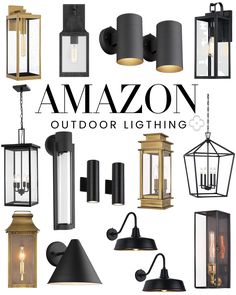 an assortment of outdoor lighting with the words amazon on it in black and gold colors