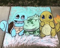 chalk drawing of three different types of pokemons on the sidewalk in front of a fire hydrant